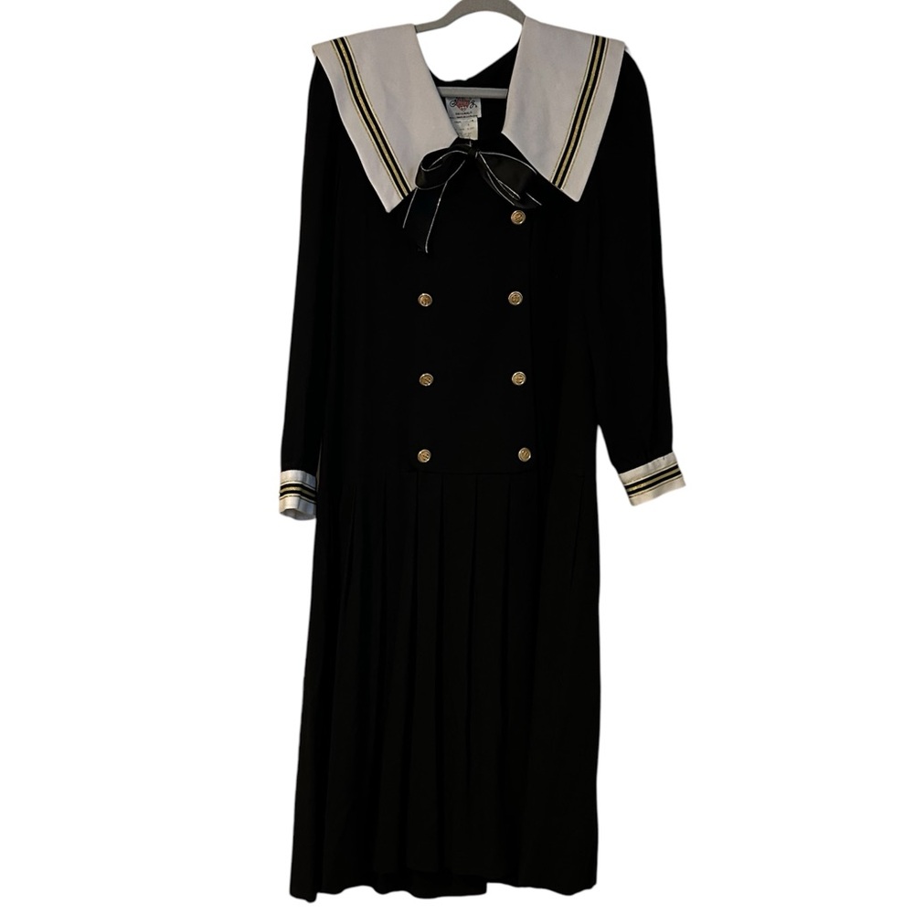 Vintage-Inspired Black Sailor Collared Long Sleeve Dress